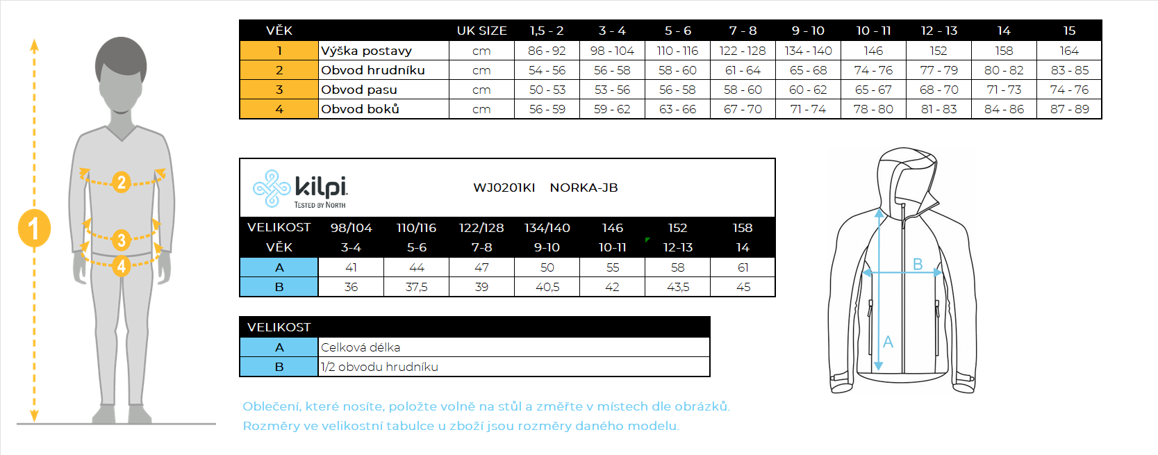 Kipi Norka JB - velikostní tabulka